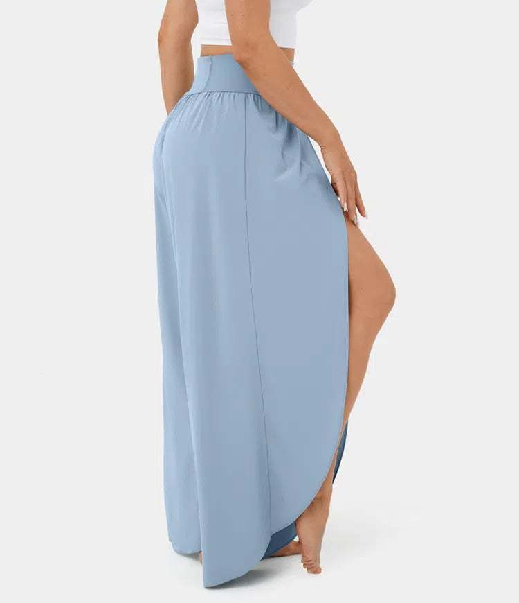 High Waist Back Pocket Flowy Slit Wide Leg Quick Dry Casual Pants