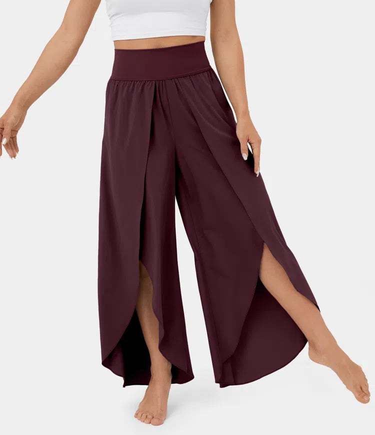 High Waist Back Pocket Flowy Slit Wide Leg Quick Dry Casual Pants