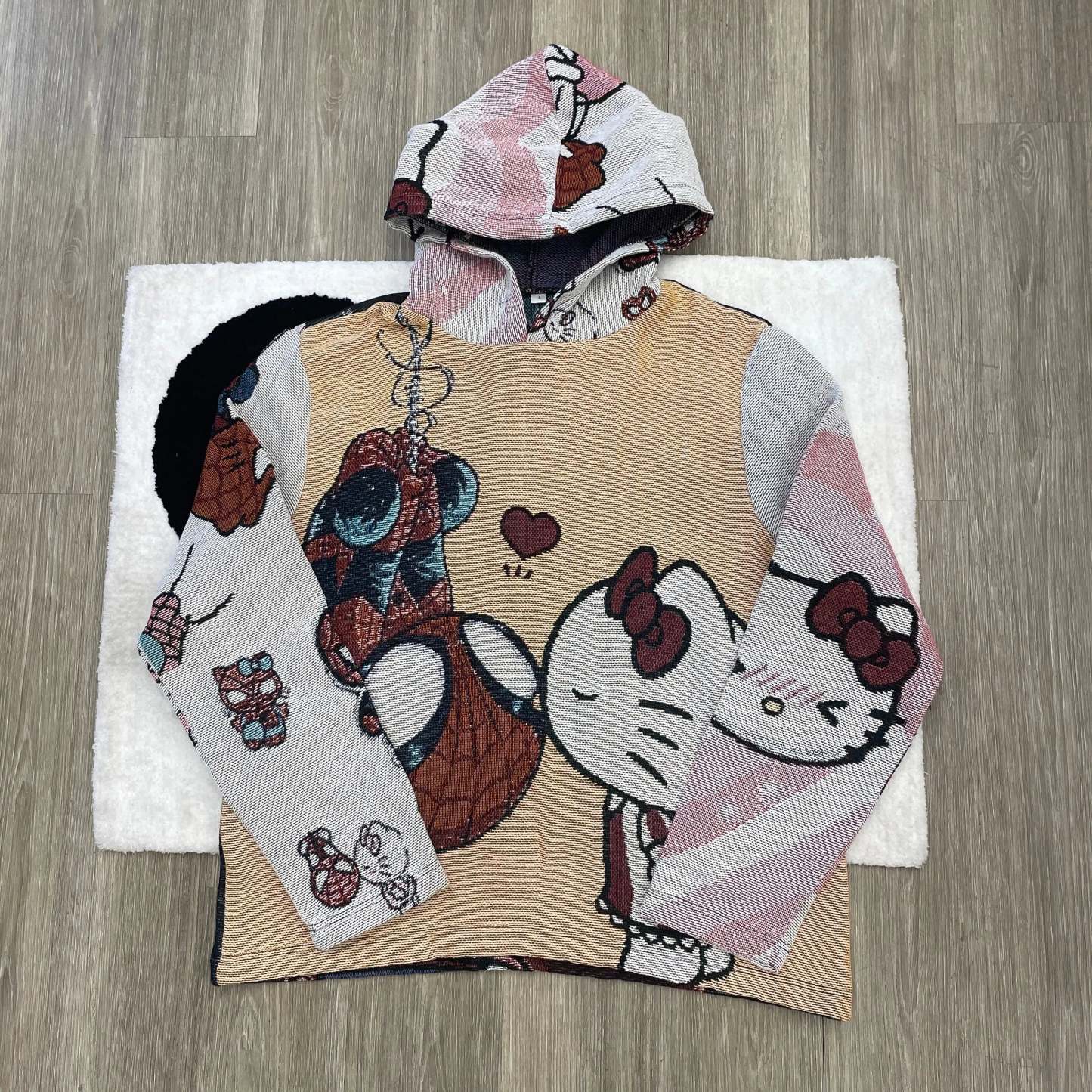 Cute Heroes, Love Intertwined – Hello Kitty & Spider-Man Valentine's Woven Hoodie