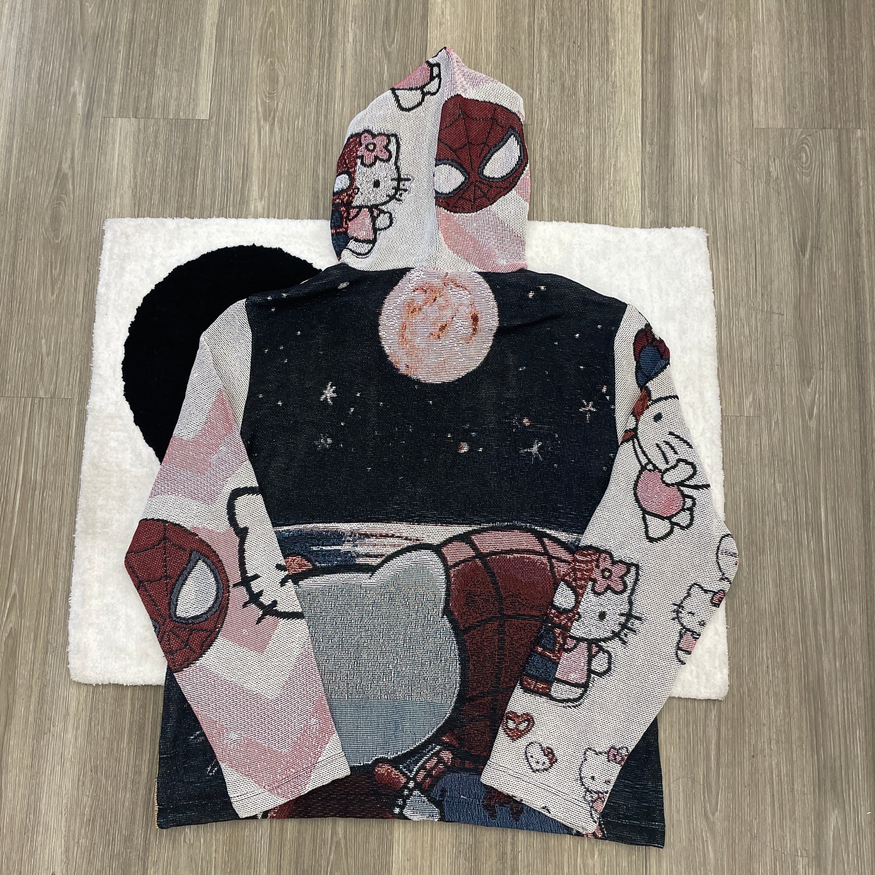 Cute Heroes, Love Intertwined – Hello Kitty & Spider-Man Valentine's Woven Hoodie