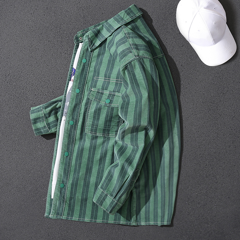 Handsome striped denim shirt men's trendy Korean style spring and autumn new loose casual long-sleeved shirt tops for men