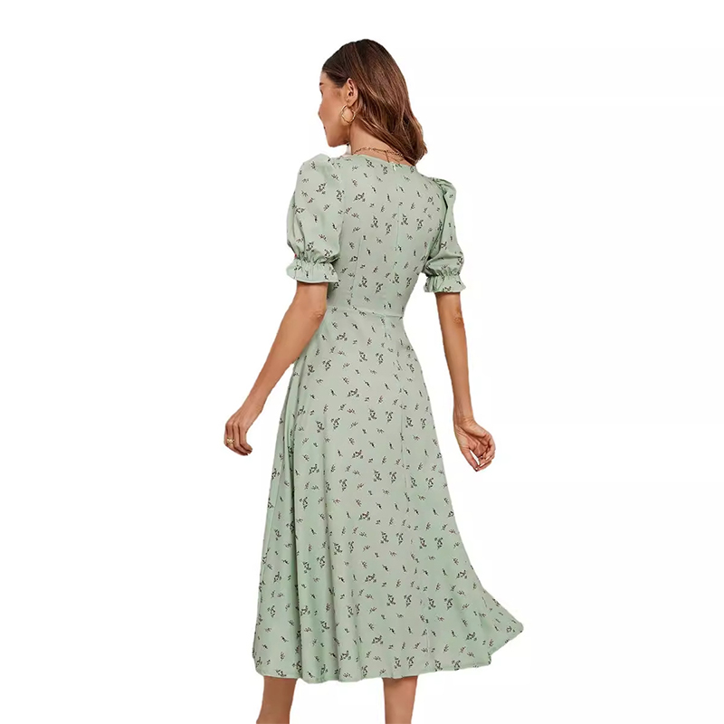 Women's summer printed button waist floral dress