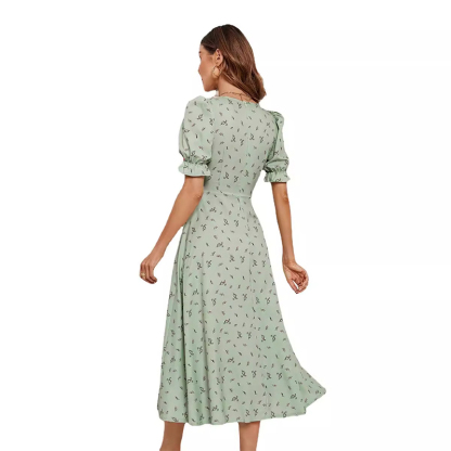 Women's summer printed button waist floral dress