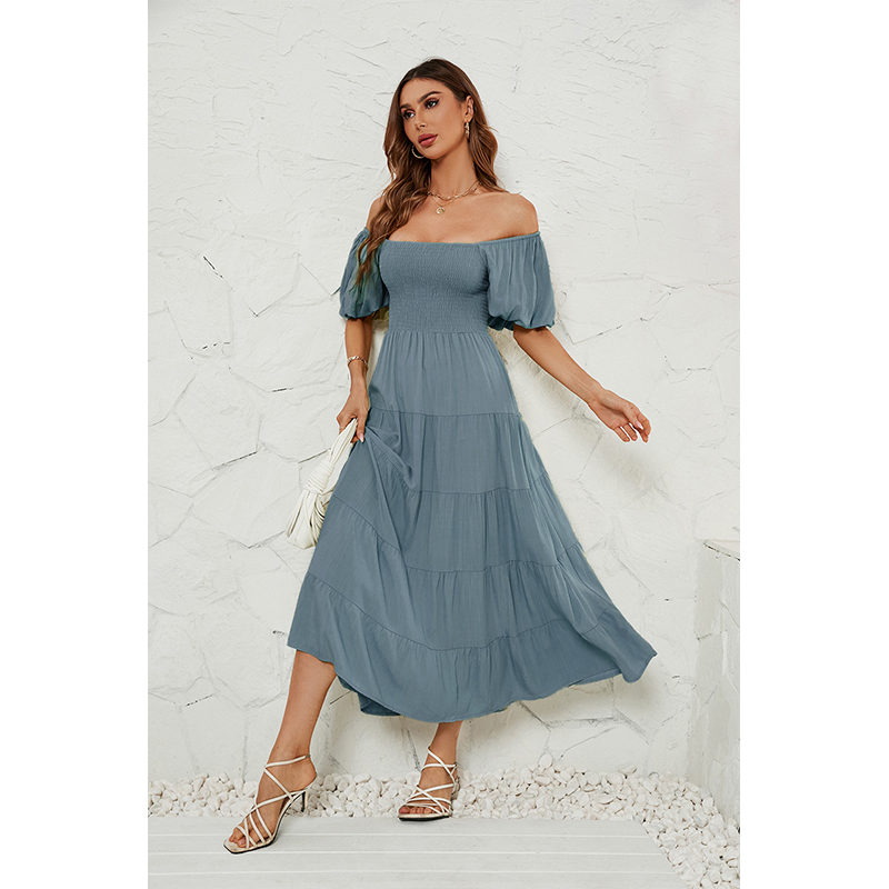 Women's Summer Solid Color High Waist Puff Sleeve Waist Dress for Women