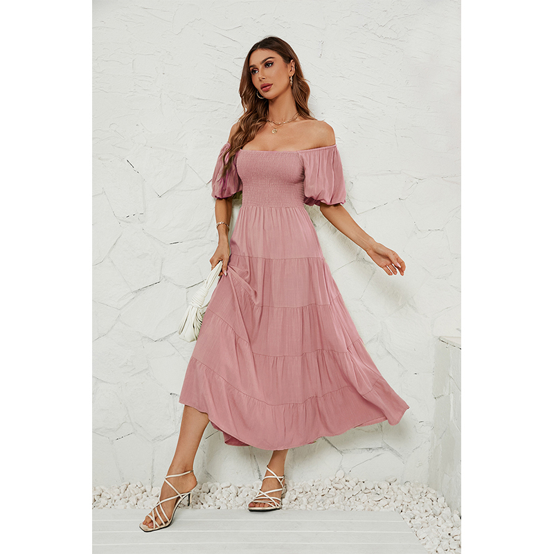 Women's Summer Solid Color High Waist Puff Sleeve Waist Dress for Women