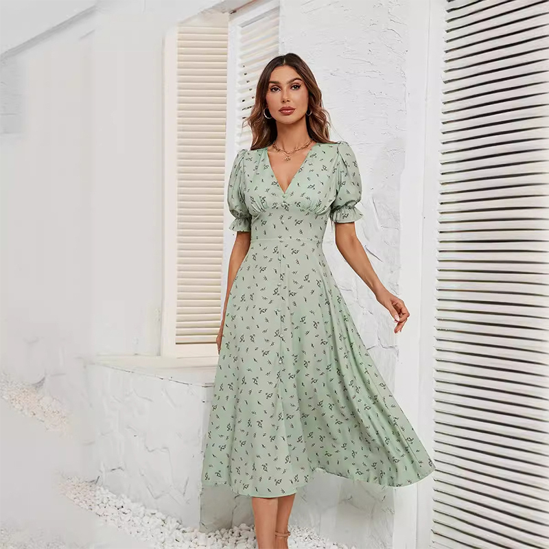 Women's summer printed button waist floral dress