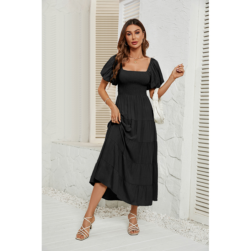 Women's Summer Solid Color High Waist Puff Sleeve Waist Dress for Women
