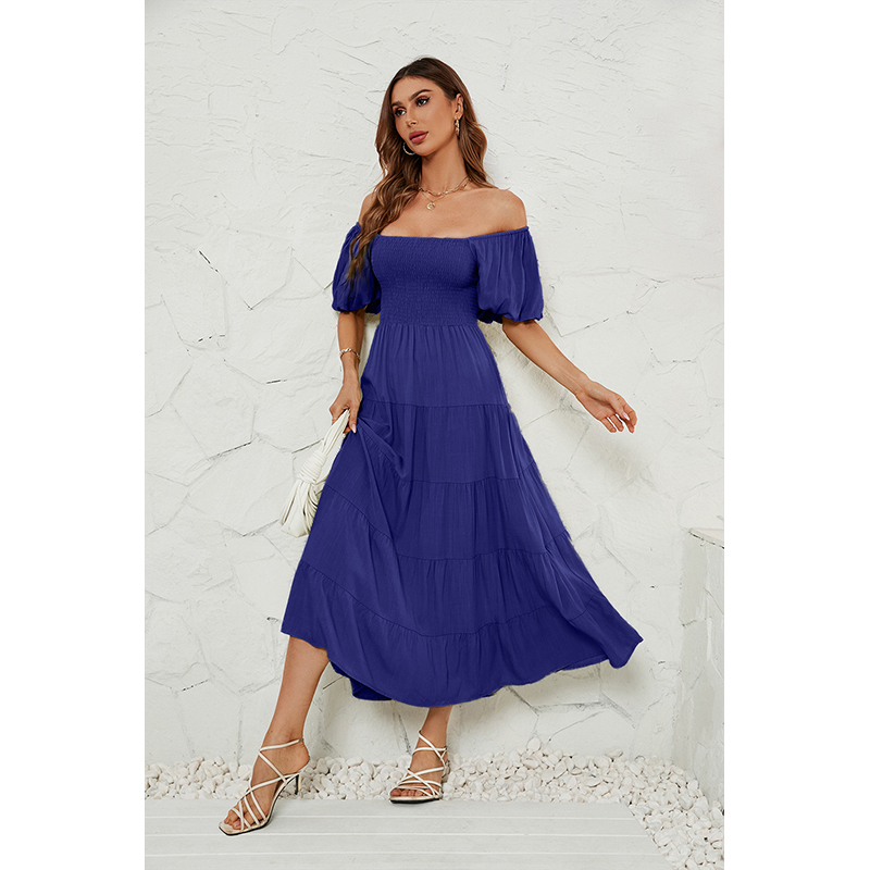Women's Summer Solid Color High Waist Puff Sleeve Waist Dress for Women