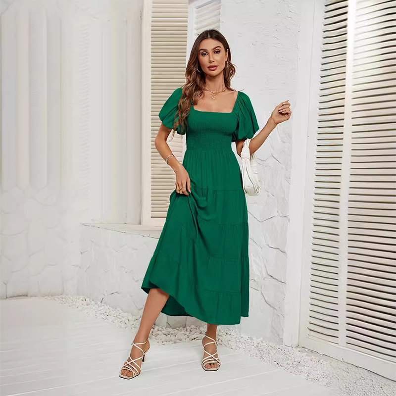 Women's Summer Solid Color High Waist Puff Sleeve Waist Dress for Women