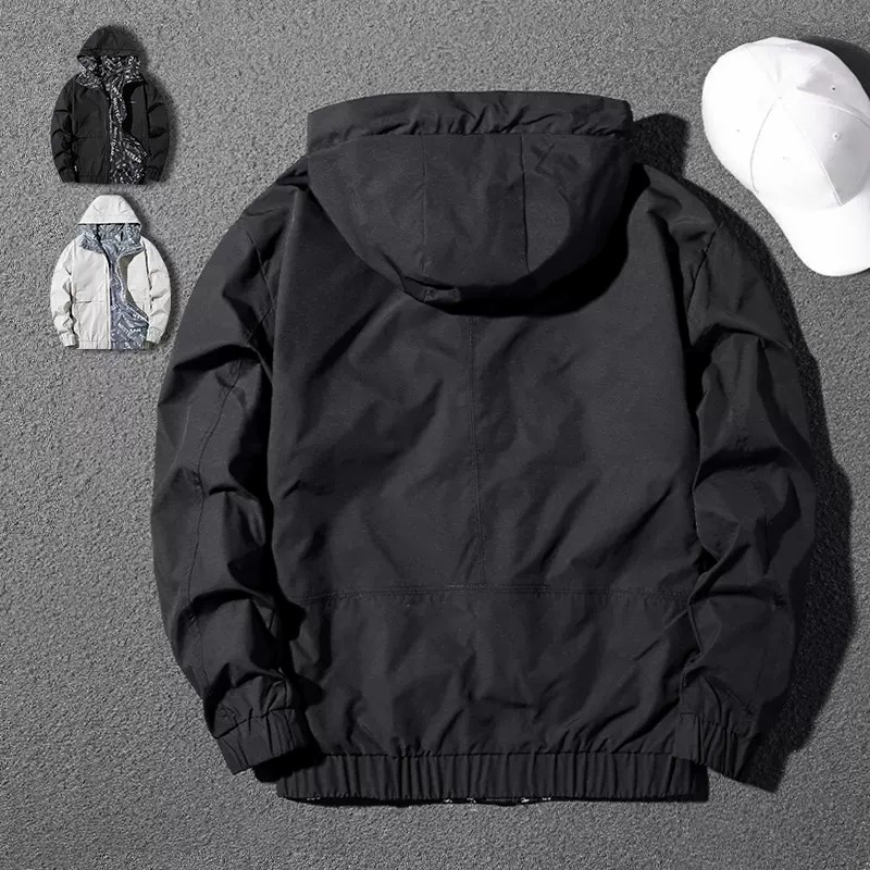 Handsome reversible jacket men's autumn and winter trendy hooded slim jacket