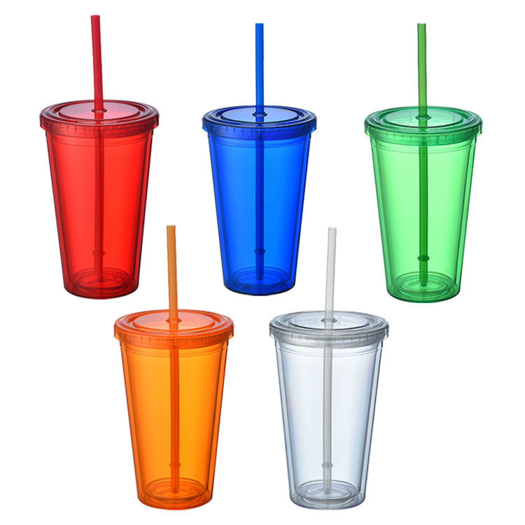 Double-Wall Plastic Straw Cup With Lid