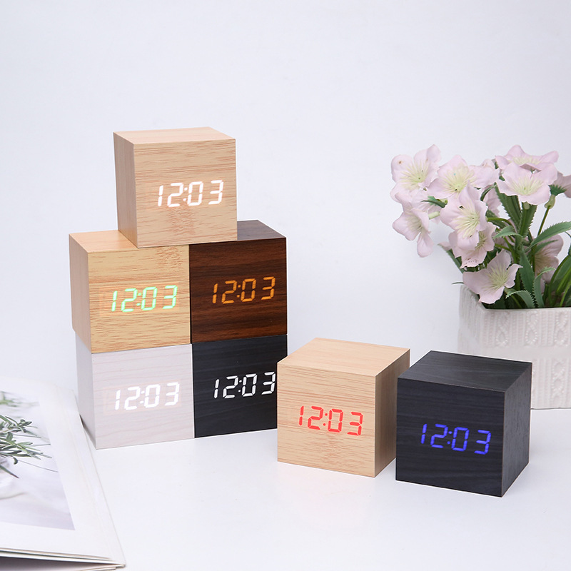 Wood Pattern LED Voice-Activated Cube Alarm Clock