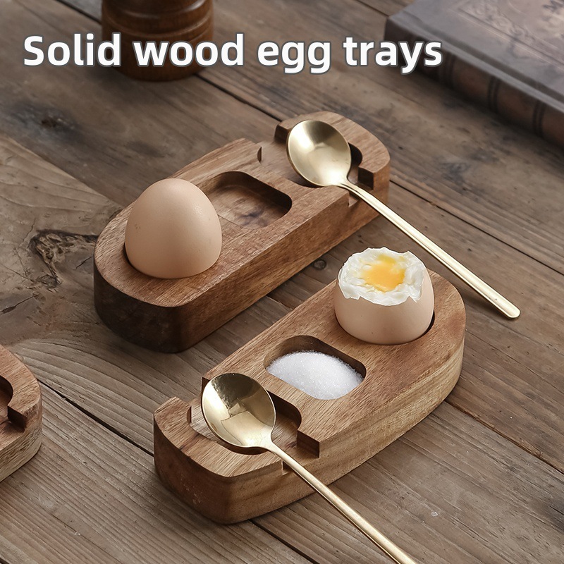 Acacia Wood Egg Cup Holder W/ Spoon