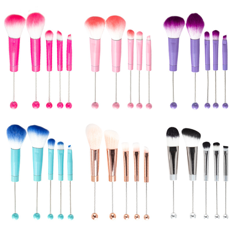 5 Piece Metal Handle Beaded Makeup Brush Set