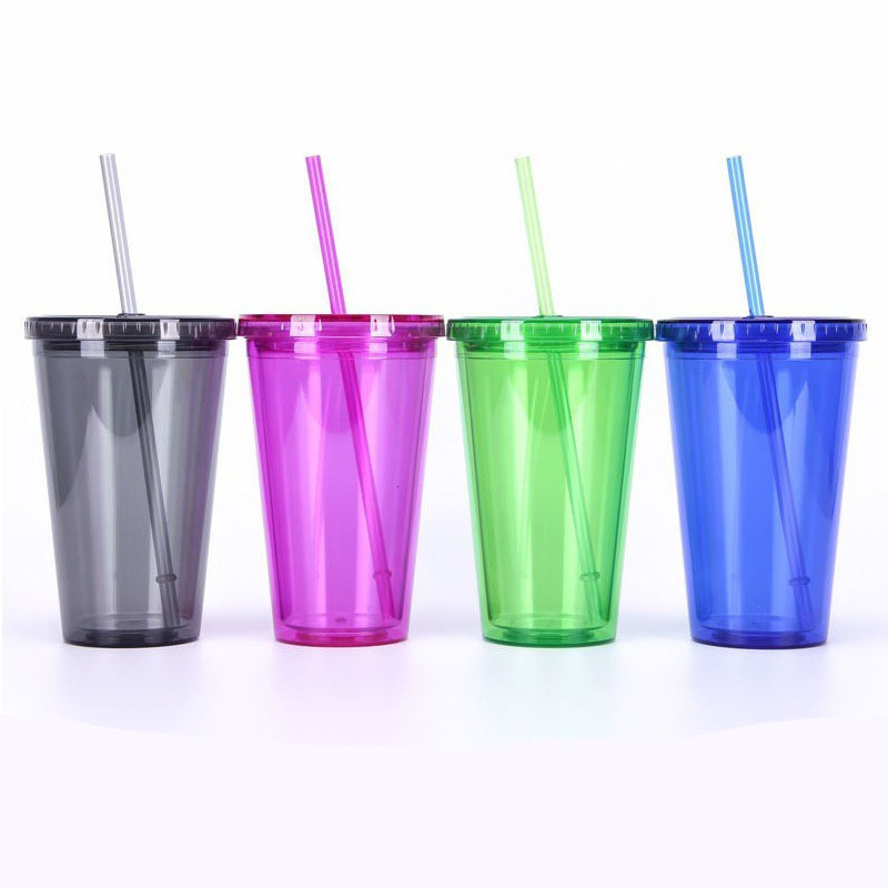 Double-Wall Plastic Straw Cup With Lid