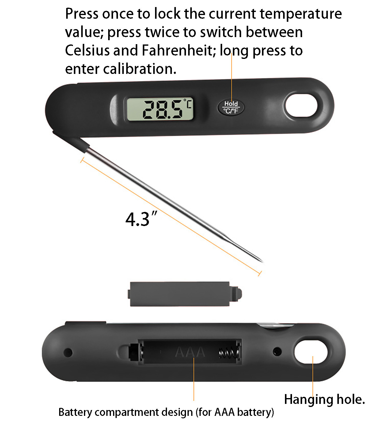 Digital Folding Food Thermometer W/ Hanging Hole