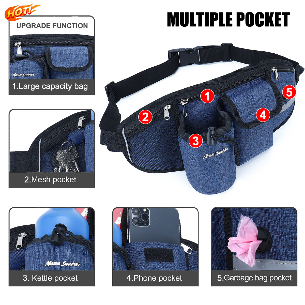 Outdoor Dog Waist Pack with Leash-14.9"x6.7"