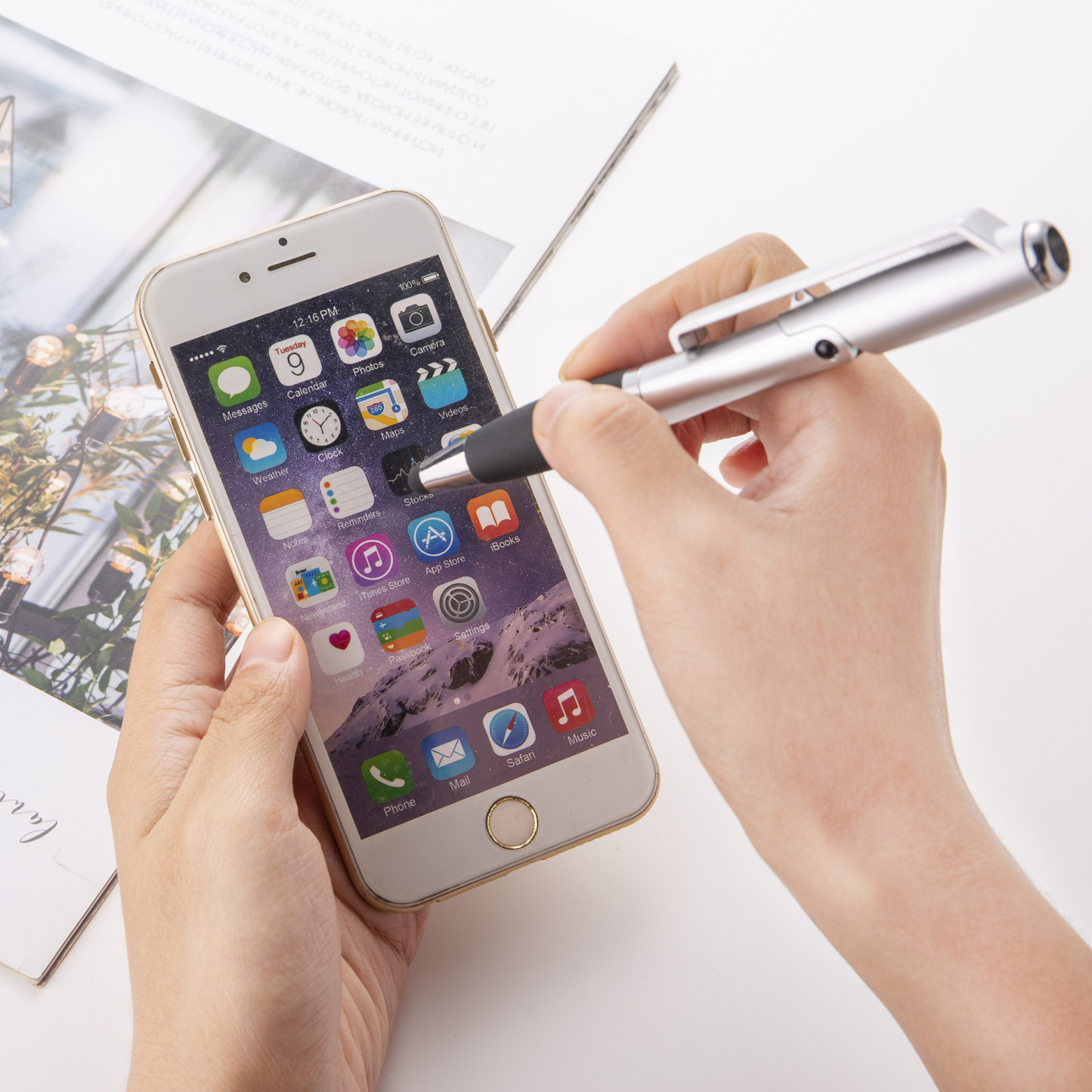 Multi-Function Ballpoint Pen with Stylus, LED & Stand