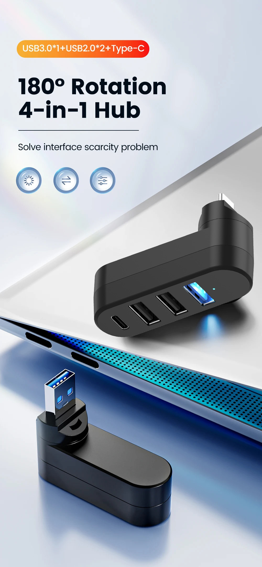 Rotatable Type-C USB 3.0 Hub