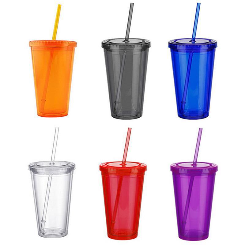 Double-Wall Plastic Straw Cup With Lid