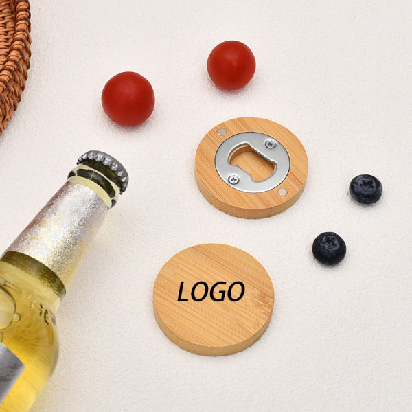 Round Bamboo Bottle Opener Magnet