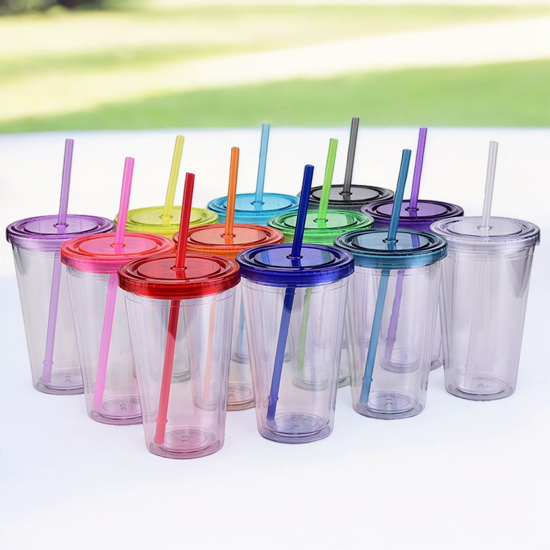 Double-Wall Plastic Straw Cup With Lid