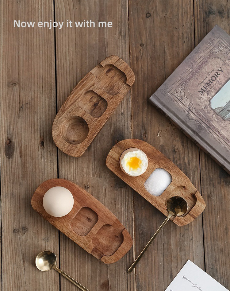 Acacia Wood Egg Cup Holder W/ Spoon