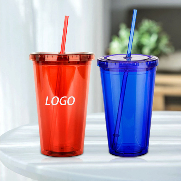Double-Wall Plastic Straw Cup With Lid-16oz