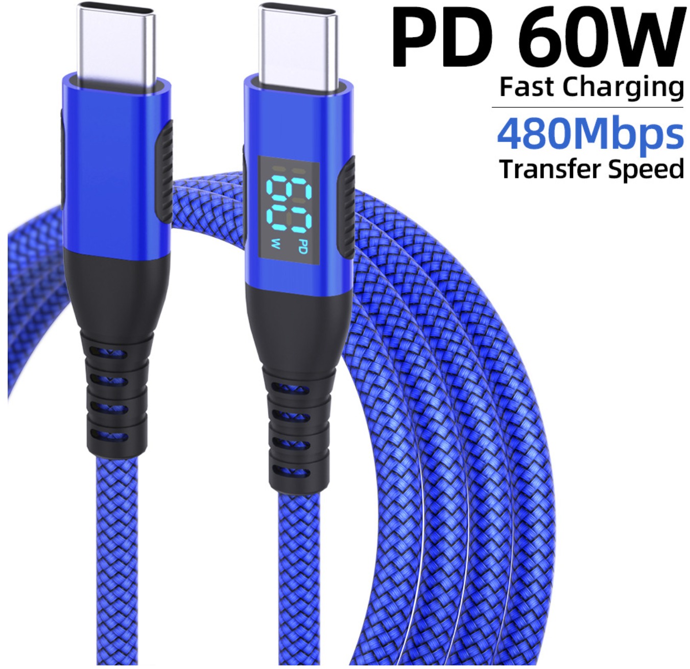 60W Braided Charging Cable with Digital Display