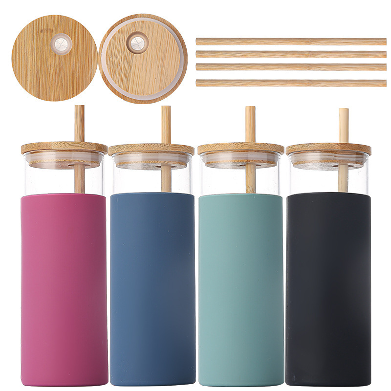 16 Oz Silicone Cover Glass Bottle with Bamboo Lid and Straw