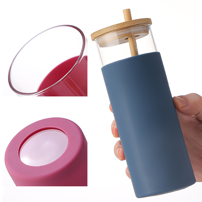 16 Oz Silicone Cover Glass Bottle with Bamboo Lid and Straw