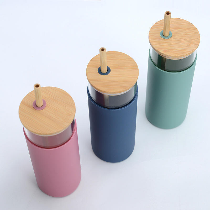 16 Oz Silicone Cover Glass Bottle with Bamboo Lid and Straw