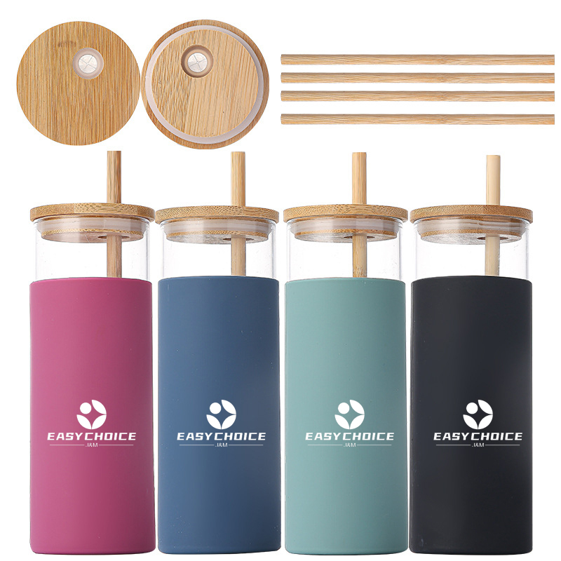 16 Oz Silicone Cover Glass Bottle with Bamboo Lid and Straw