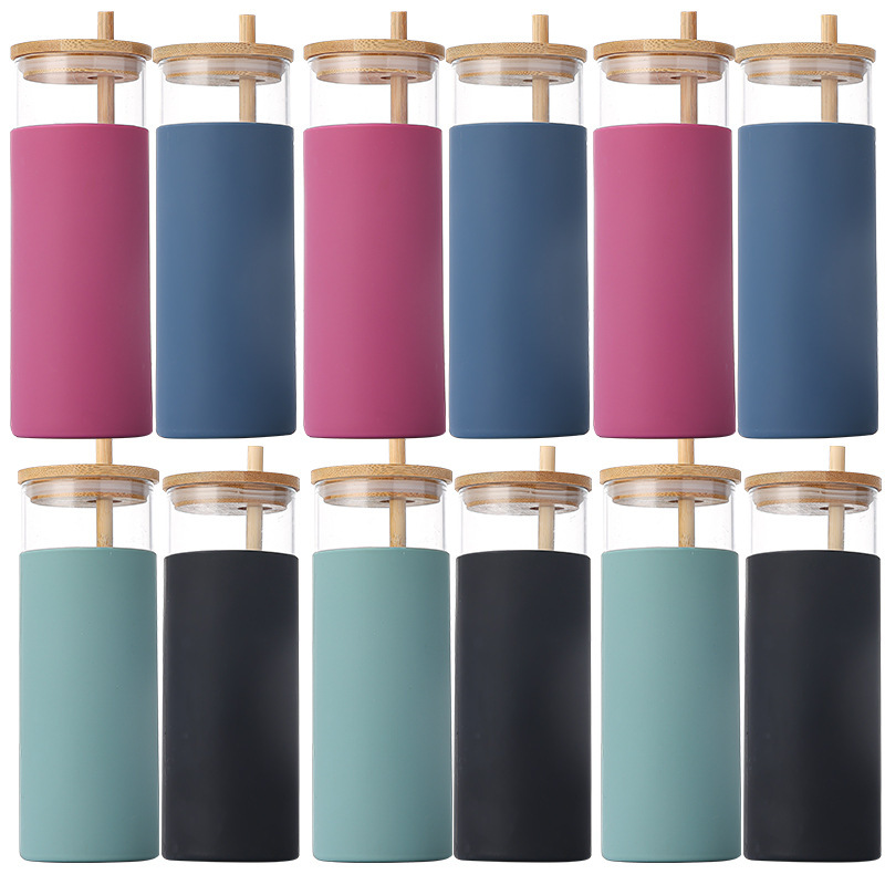 16 Oz Silicone Cover Glass Bottle with Bamboo Lid and Straw