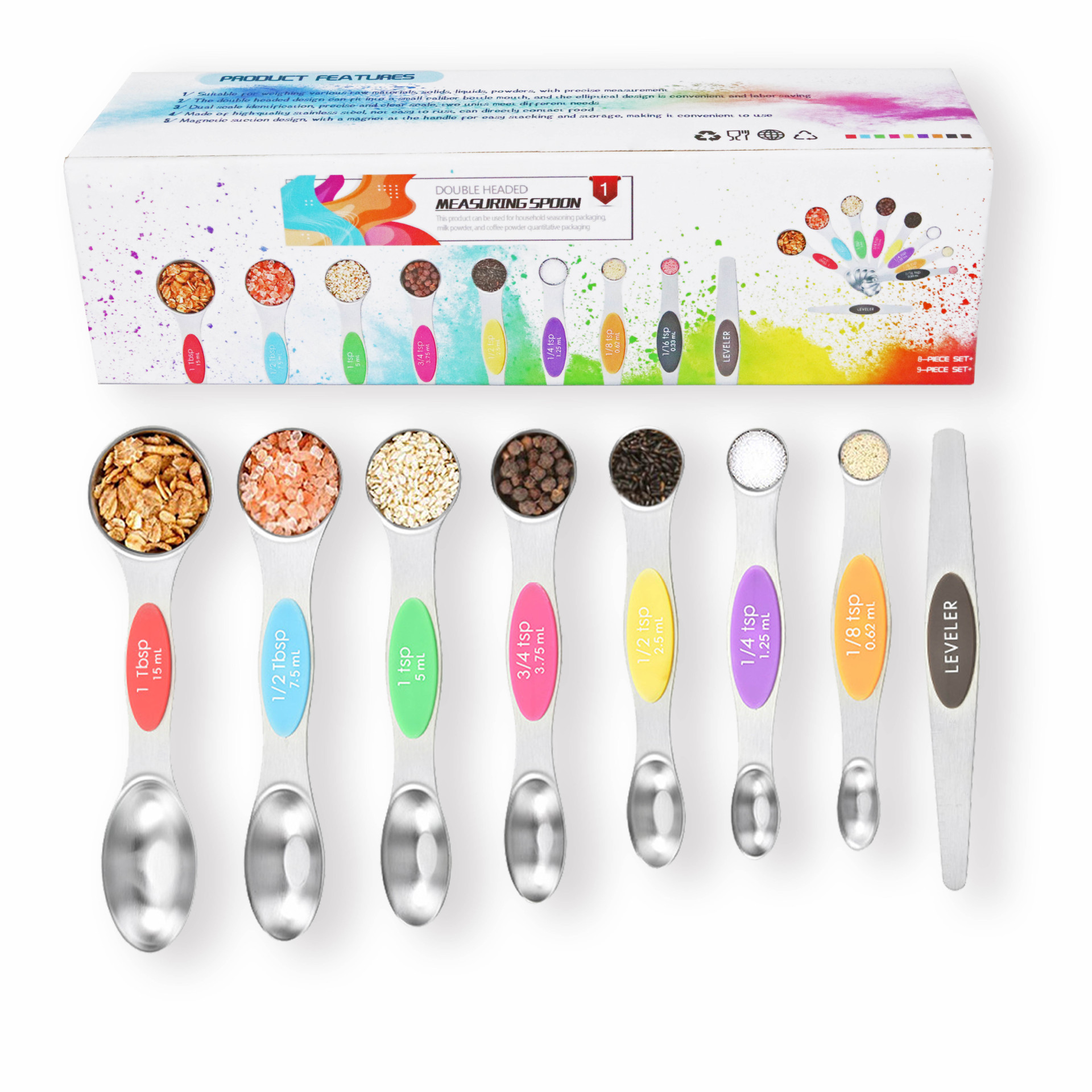 Double Ended Magnetic Stainless Steel Measuring Spoon Set 9Pcs