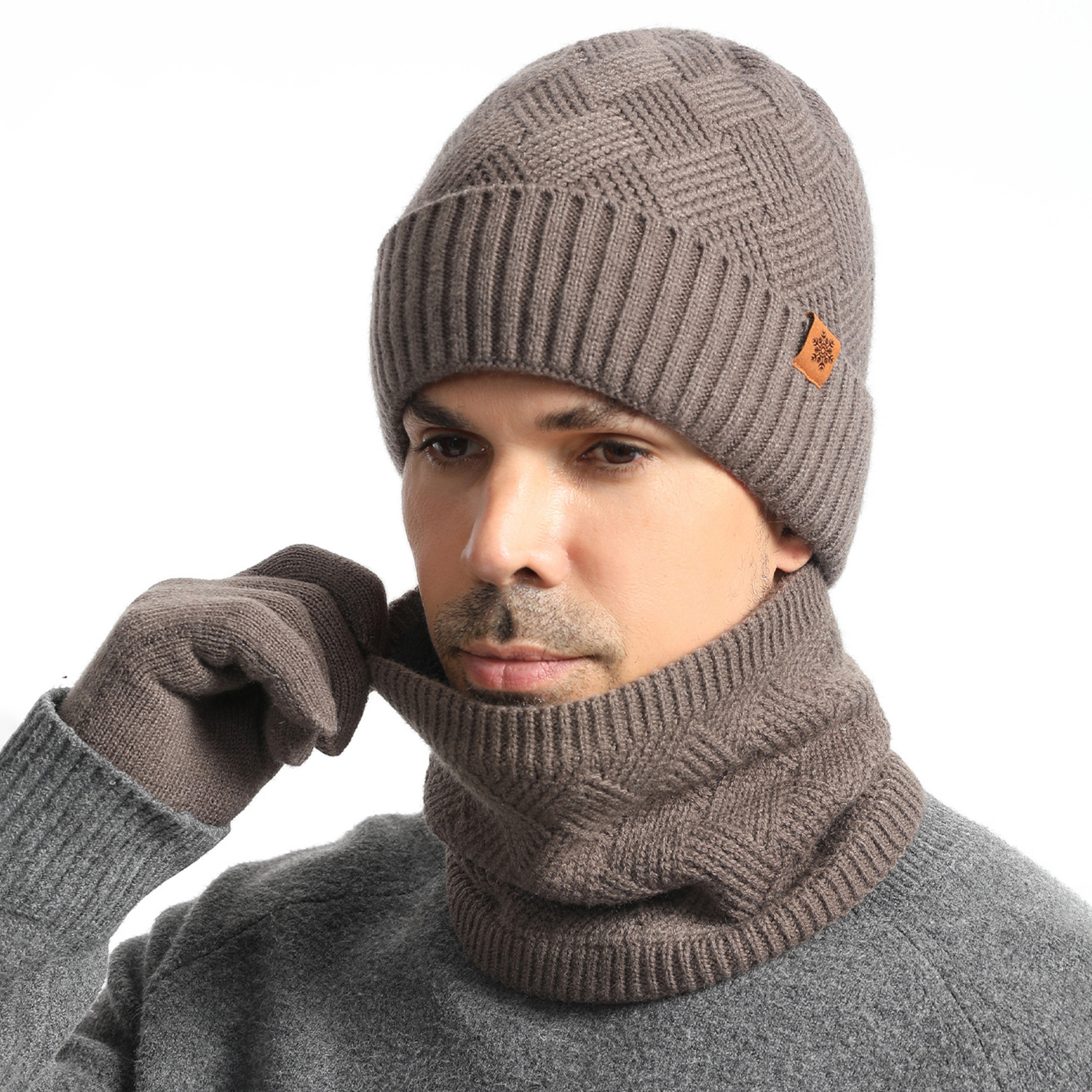 Knitted Hat, Neck Warmer and Gloves 3 pieces Set