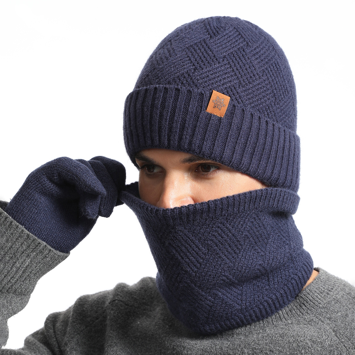 Knitted Hat, Neck Warmer and Gloves 3 pieces Set