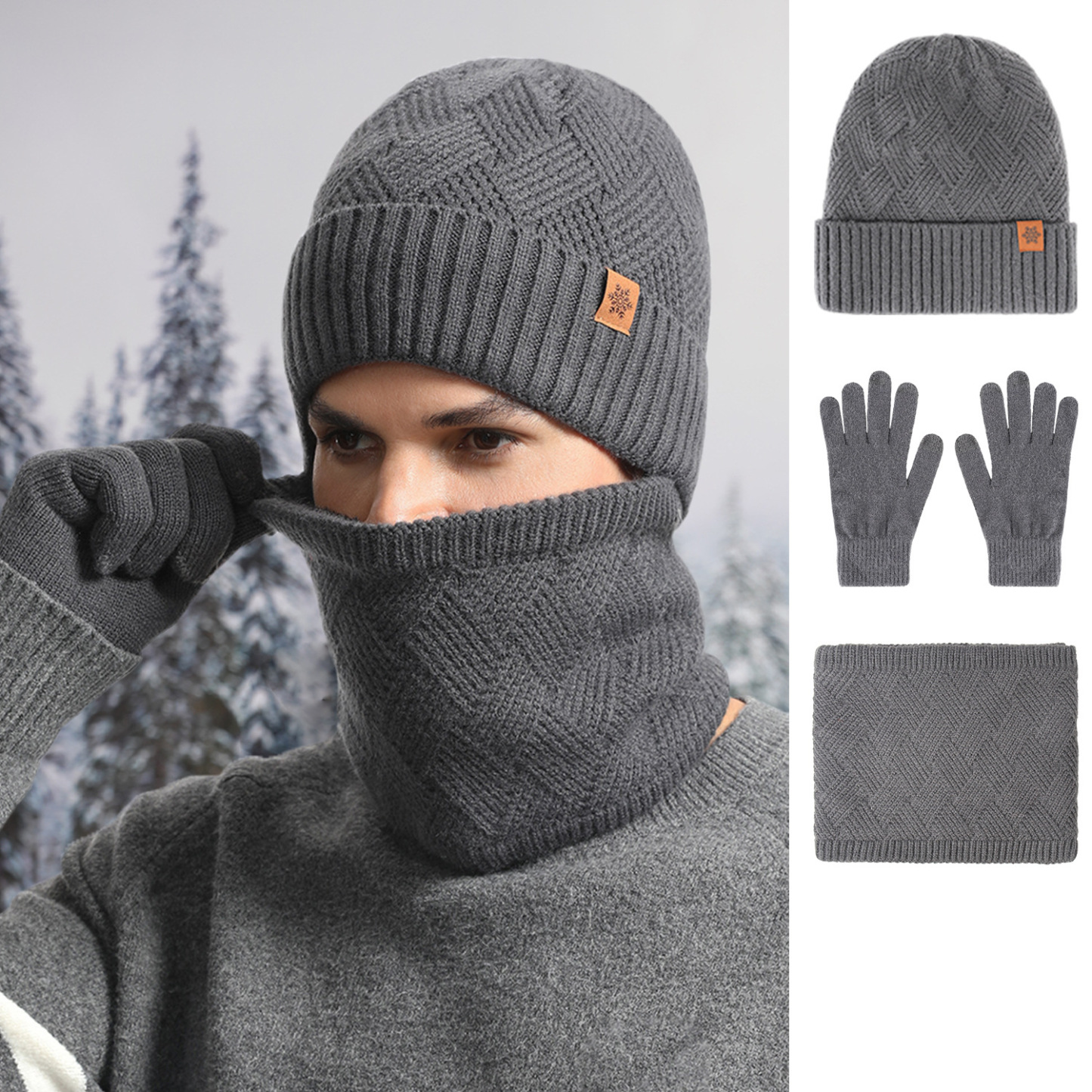 Knitted Hat, Neck Warmer and Gloves 3 pieces Set