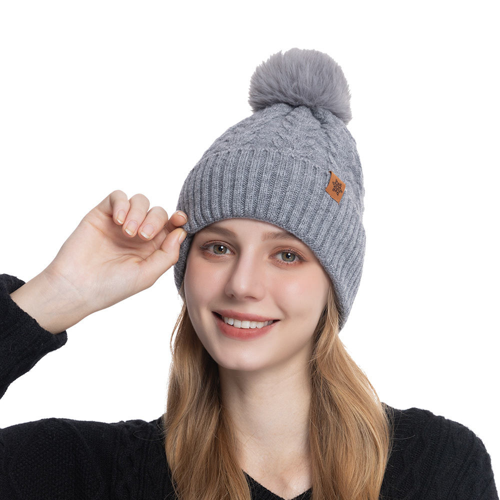 Women's Winter Fleece Lined Knitted Beanie with Pom Pom