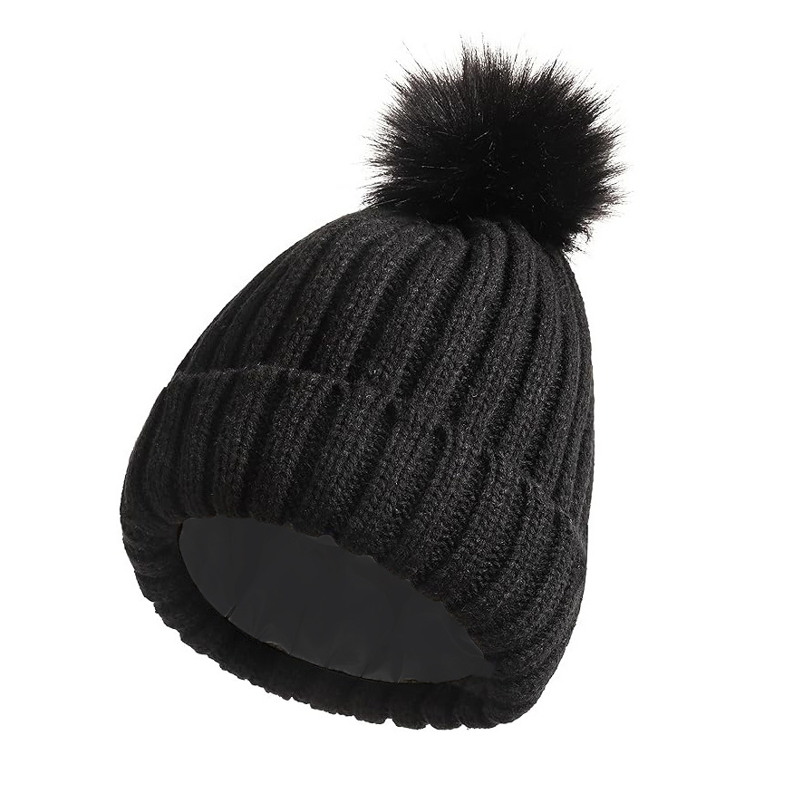 Knitted Beanie with Satin Lining & Pom Pom