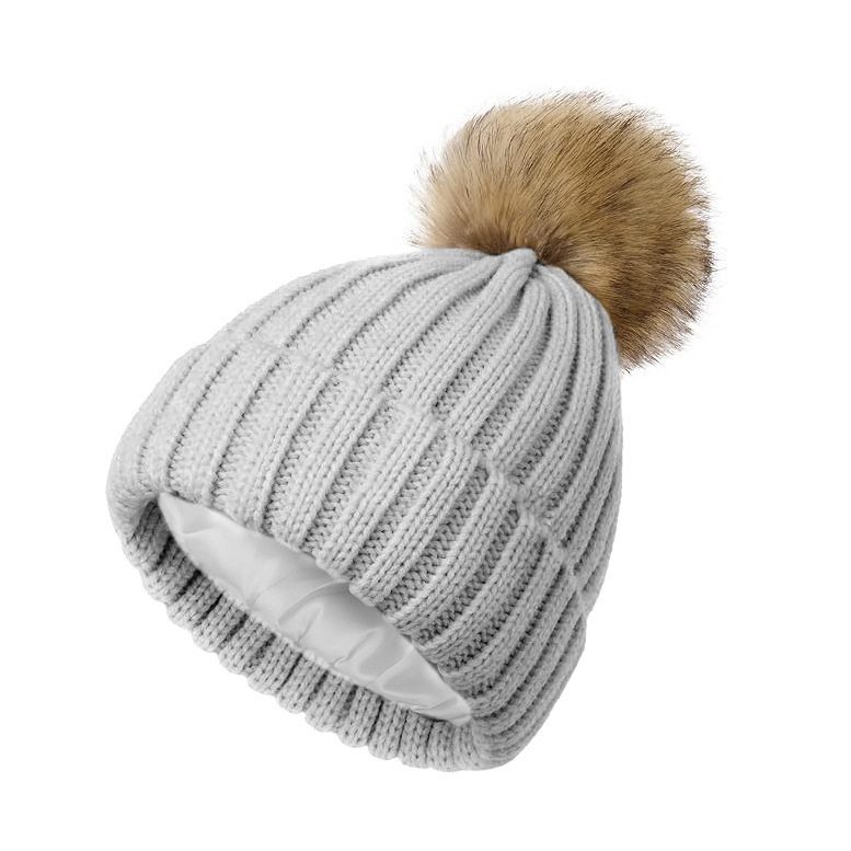 Knitted Beanie with Satin Lining & Pom Pom