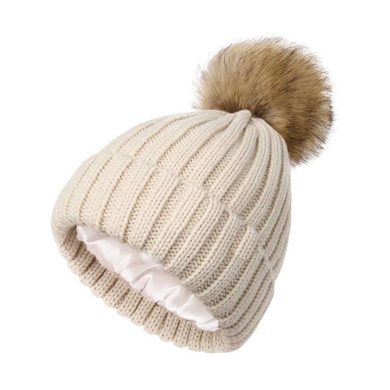 Knitted Beanie with Satin Lining & Pom Pom