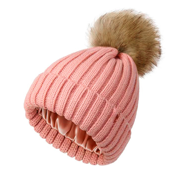 Knitted Beanie with Satin Lining & Pom Pom
