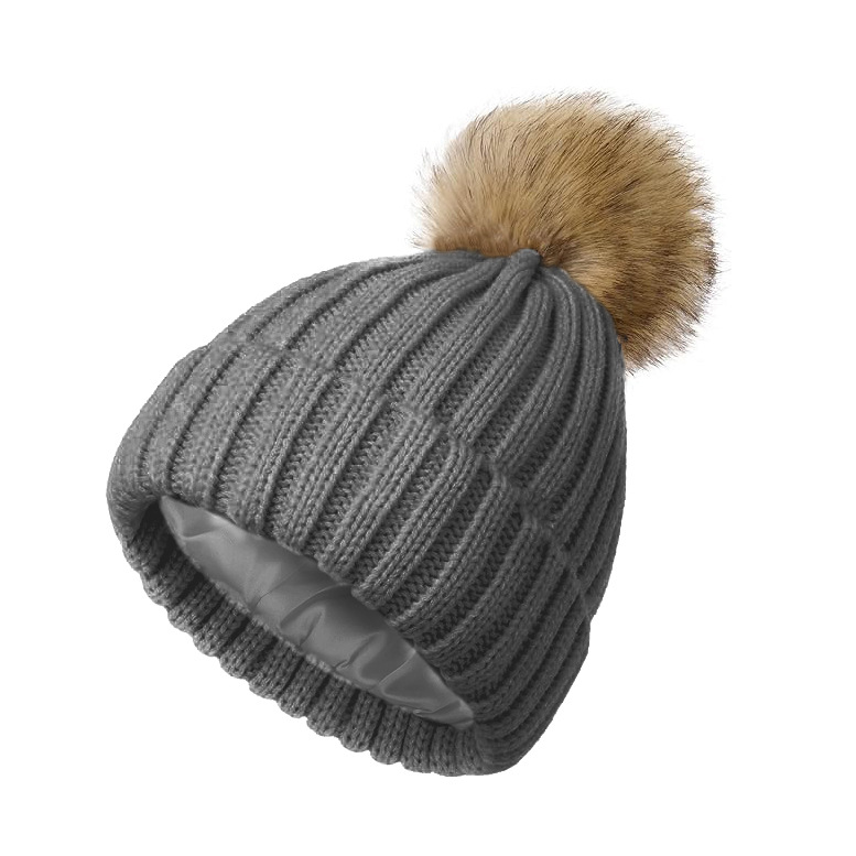 Knitted Beanie with Satin Lining & Pom Pom
