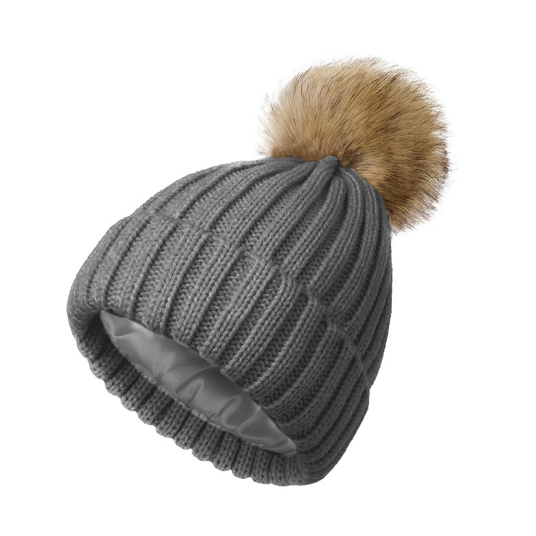 Knitted Beanie with Satin Lining & Pom Pom