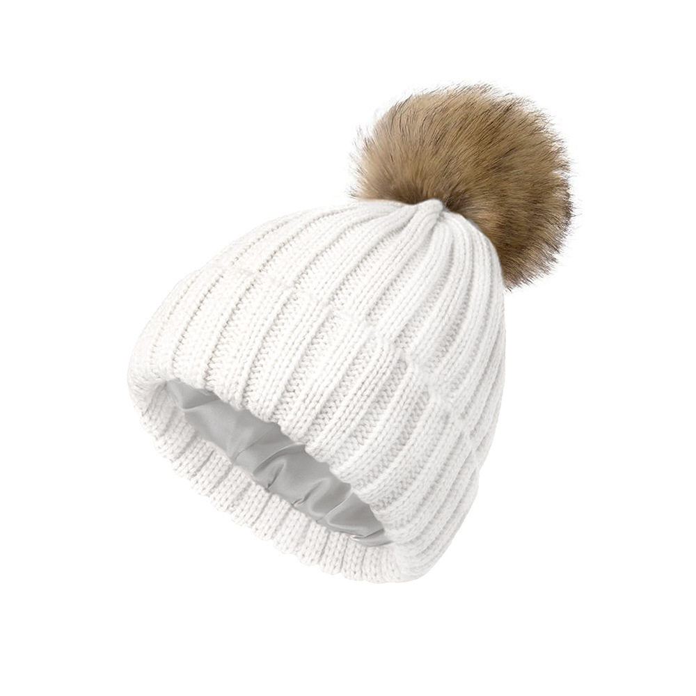Knitted Beanie with Satin Lining & Pom Pom