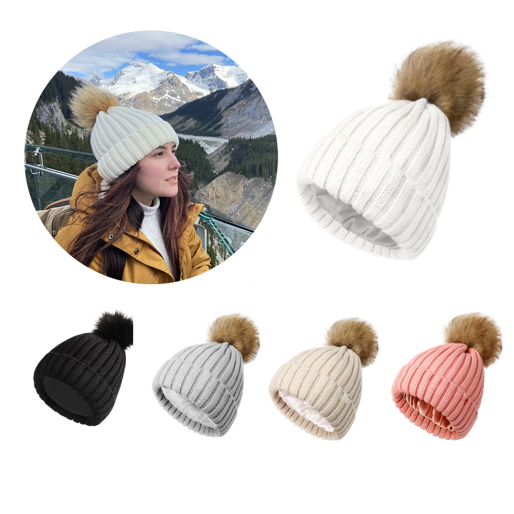 Knitted Beanie with Satin Lining & Pom Pom