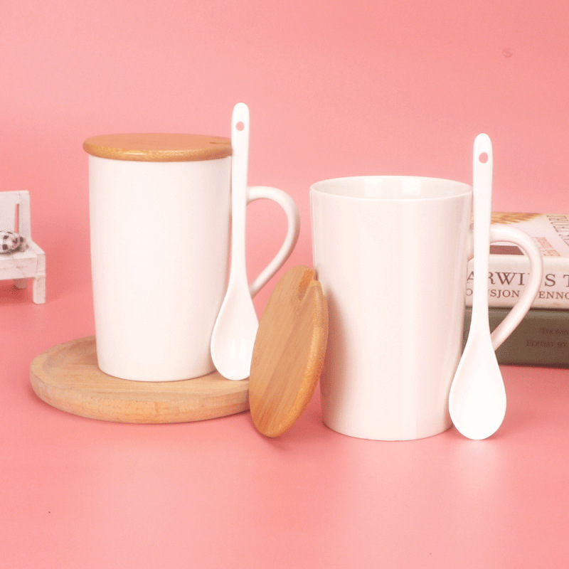 12oz Ceramic Mug with Wooden Lid and Porcelain Spoon