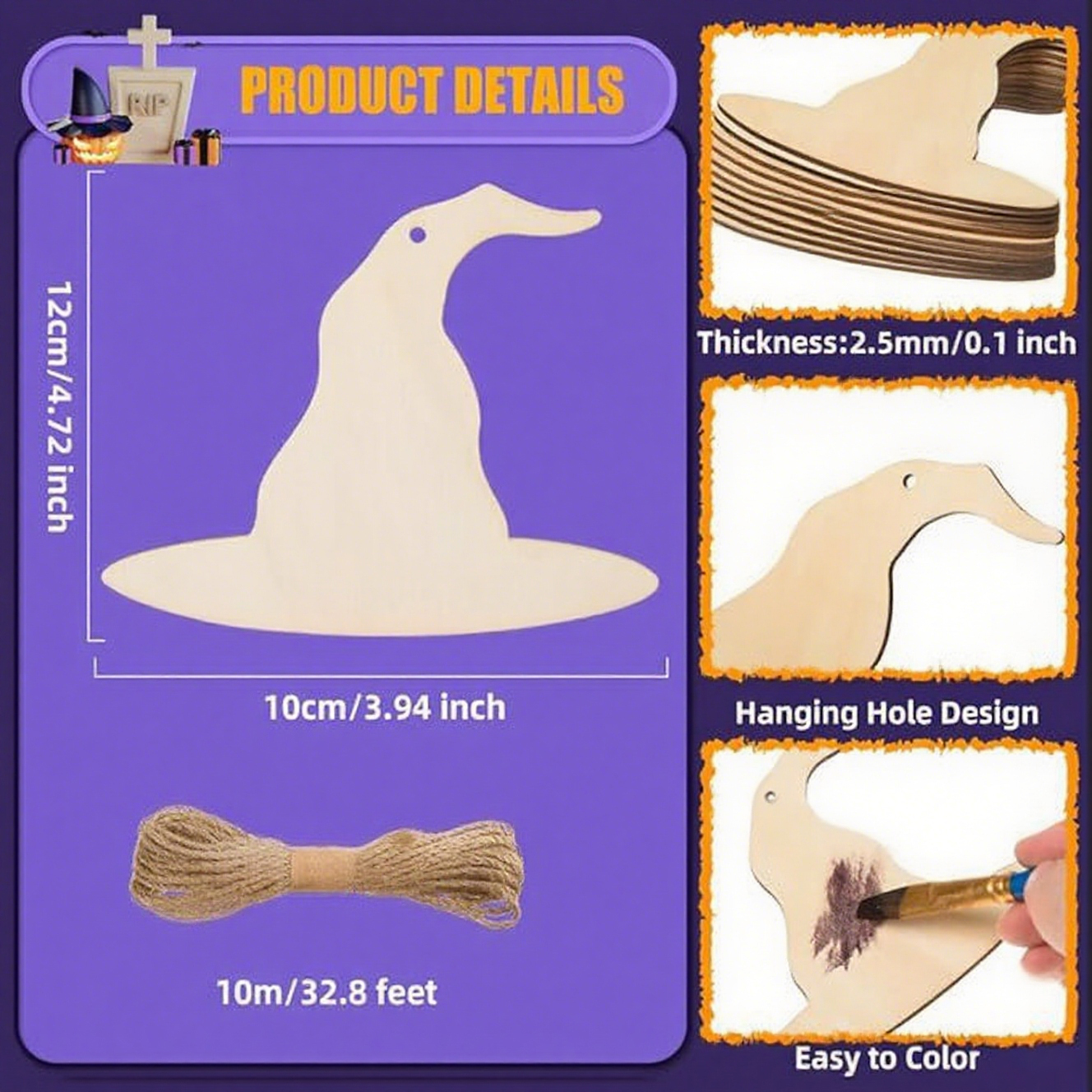 Wooden Witch Hat Ornaments