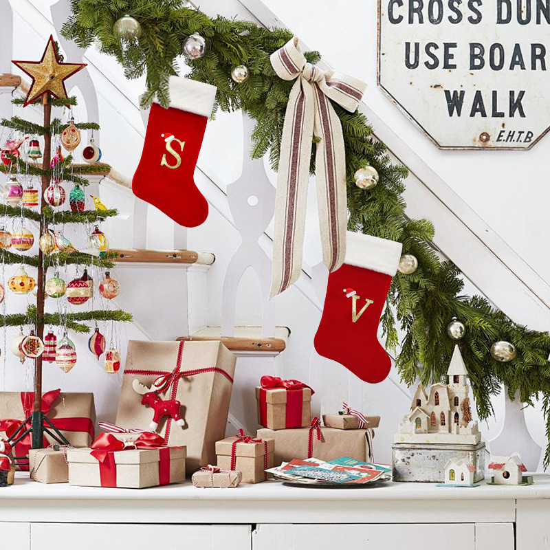 Large Red Velvet Christmas Stockings with Gold Letter